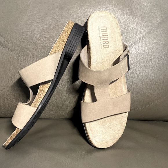 Munro Shoes - Munro Womens Jody Slide on Sandal Alloy Nubuck Tan, Shock Absorb Heel, Size 8.5M